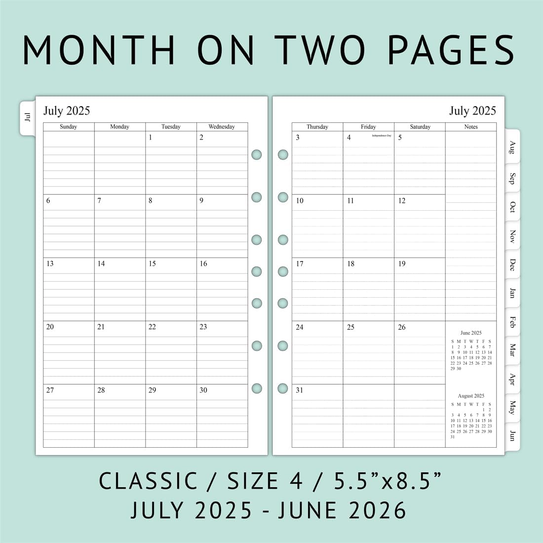 newestor 2025-2026 Planner Refill for Mini Binder, Weekly & Monthly, July 2025 - June 2026, 5-1/2" x 8-1/2", Desk Size 4, 7 Holes