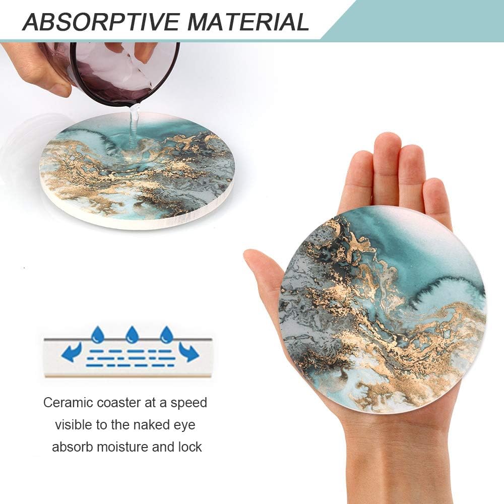 Lahome Marble Pattern Coasters - Round Drinks Absorbent Stone Coaster Set with Ceramic Stone and Cork Base for Kinds of Mugs and Cups (Blue, Set of 4)