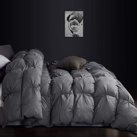Luxurious All-Season Goose Down Feather Fiber Comforter Twin Size Duvet Insert, Exquisite Pinch Pleat Ruffled Twisted Flower, Premium Baffle Box, 100% Egyptian Cotton Cover, 50 oz. Fill Weight, Gray
