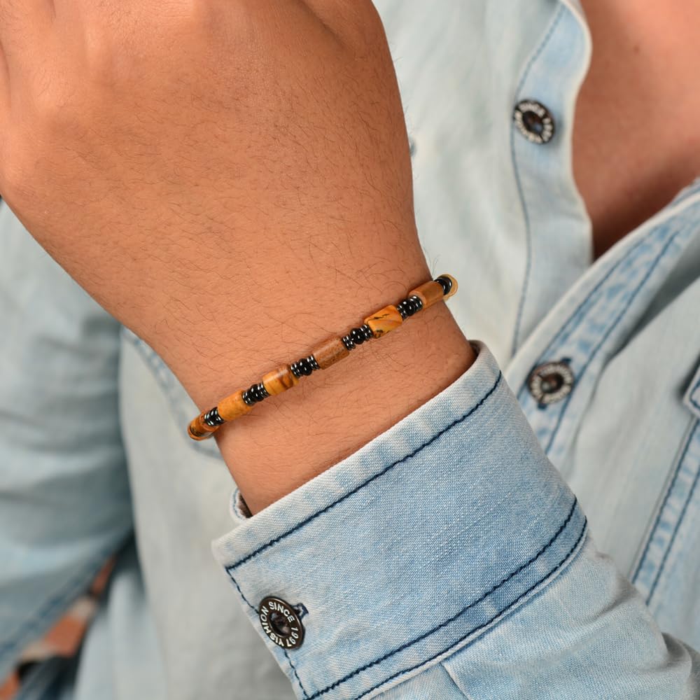 Casvia Mens Beaded Bracelet, Picture Stone, Hematite & Black Agate, Adjustable Stainless Steel Chain, Handmade Chakra Jewelry Gift for Dad Husband Boyfriend