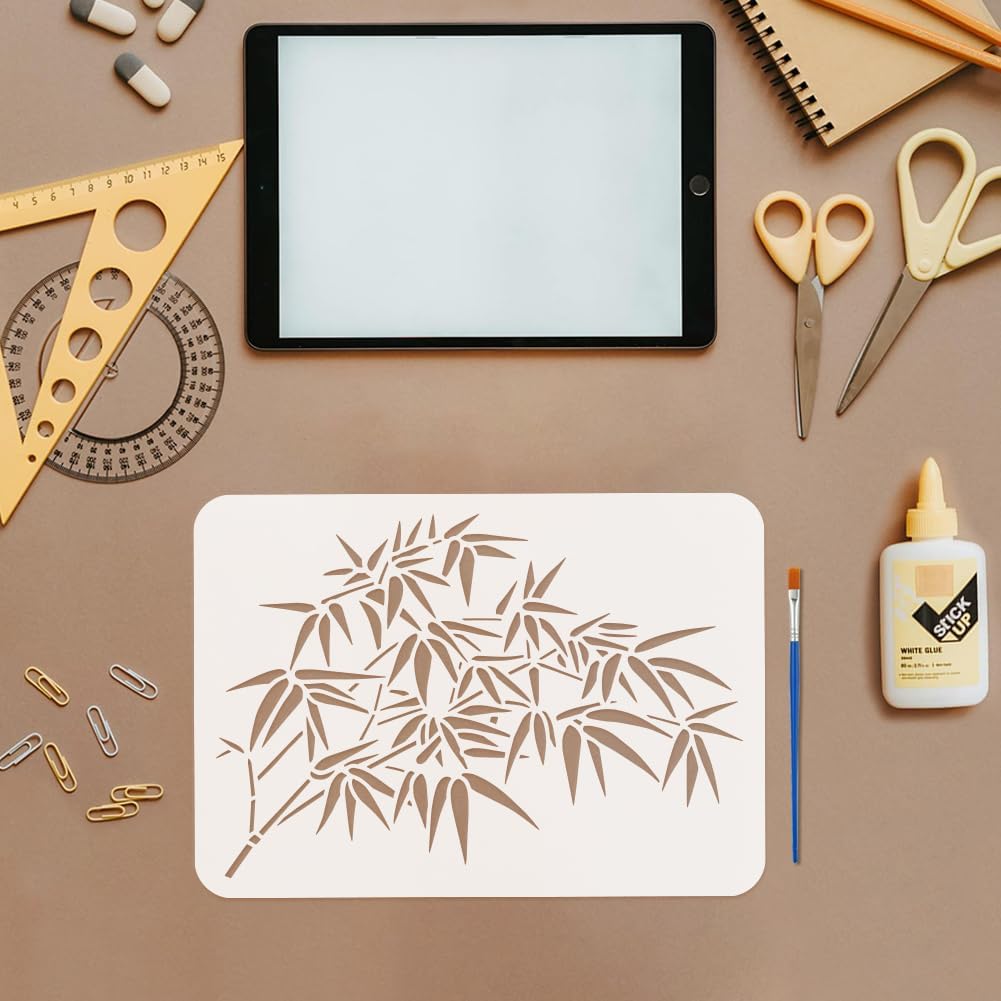 FINGERINSPIRE Bamboo Leaf Painting Stencil with Brush 8.3x11.7inch Bamboo Branch Drawing Template China Styles Pattern DIY Art Home Decoration Stencil for Painting on Wood Wall Fabric Furniture
