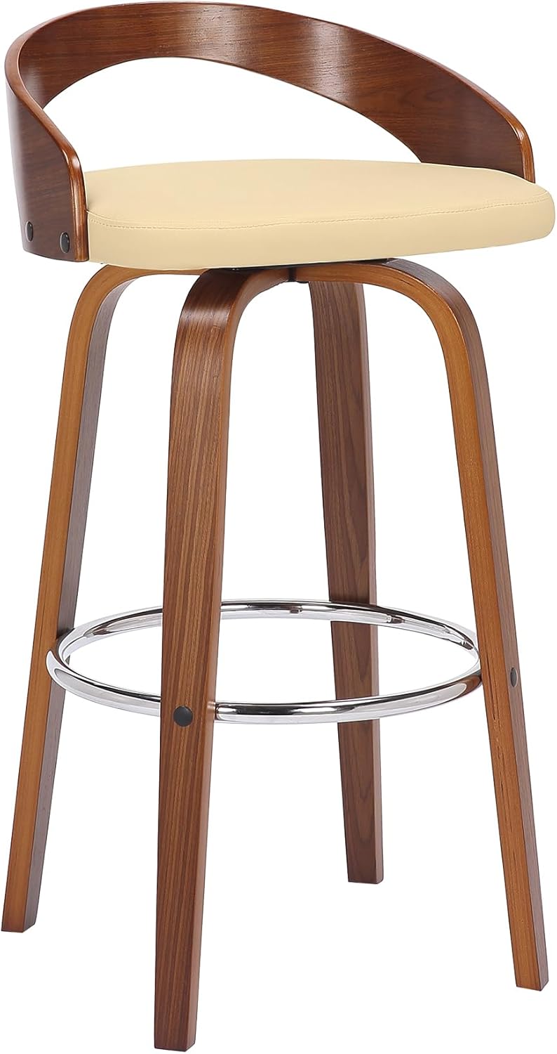 Armen Living Sonia 30" Bar Height Swivel Cream Faux Leather and Walnut Wood Bar Stool