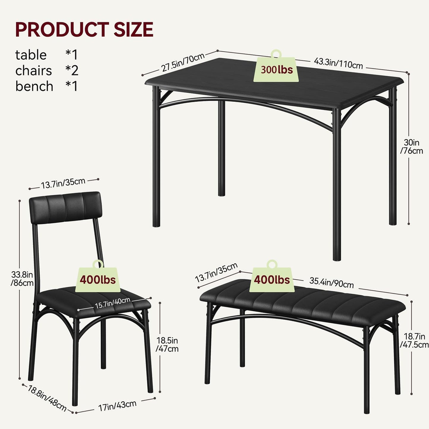 GarveeHome Dining Table Set for 4, Kitchen Table with Upholstered Chairs and Bench, Wood Rectangular Dining Table and Chairs Set for Small Space, Apartment, Dinner, Rustic Black