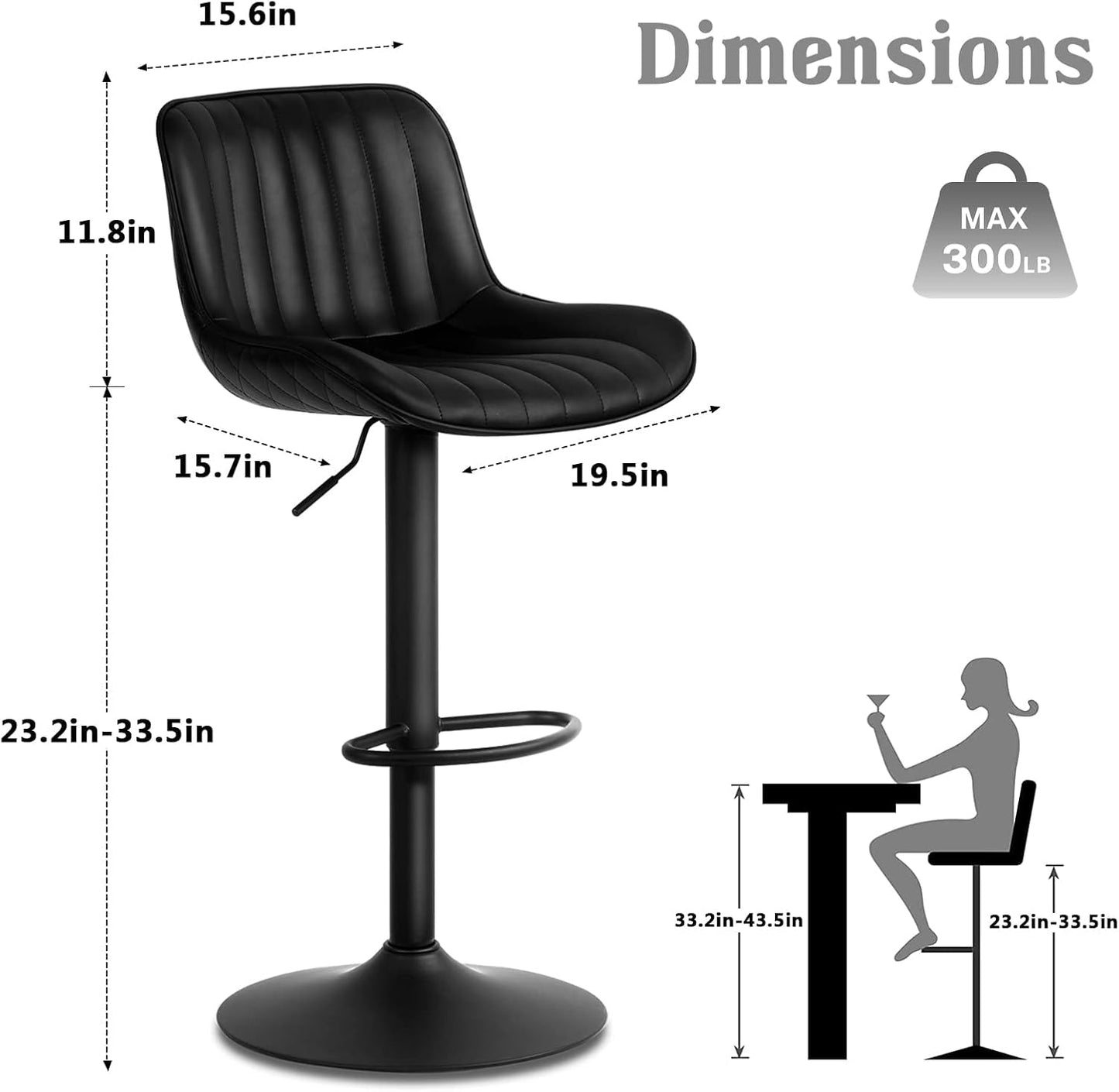 YOUNUOKE Black Bar Stools Set of 2 Adjustable Counter Height Stools Modern Swivel Barstools with Backs Mid Century PU Leather Upholstered Bar Chairs for Kitchen Island