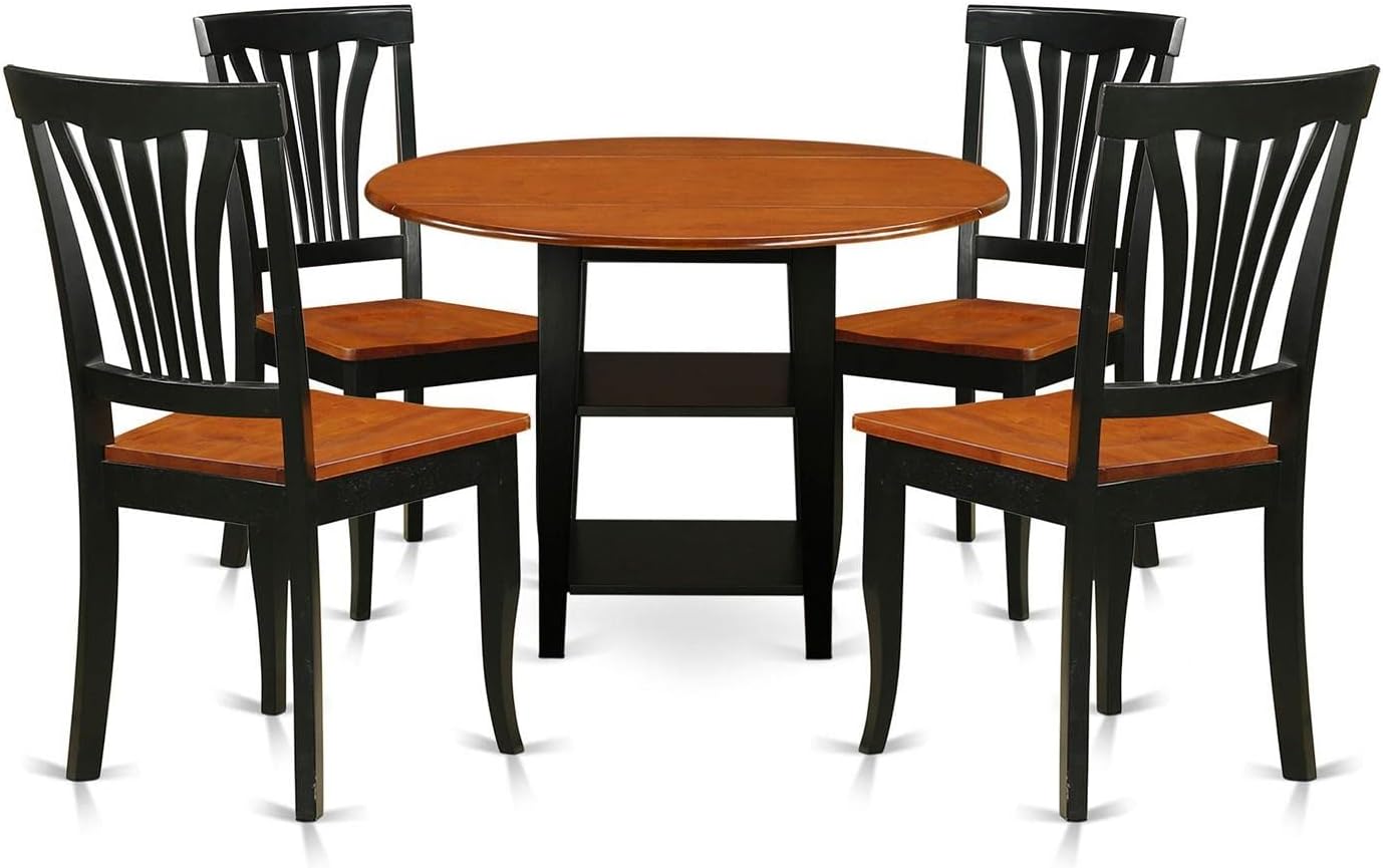 East West Furniture SUAV5-BCH-W 5 Piece Dining Room Furniture Set Includes a Round Dining Table with Dropleaf & Shelves and 4 Wood Seat Chairs, 42x42 Inch, Black & Cherry