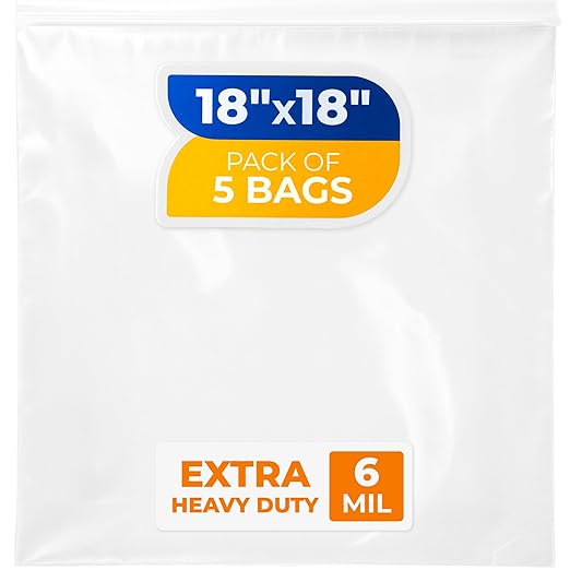 18" x 18" Large Zip Seal Lock Bags, 6 Mil (Pack of 5) – Heavy-Duty Reclosable Plastic Bags – Clear, Resealable, Waterproof – For Storing and Organizing Clothes, Jewelry, and Travel Items