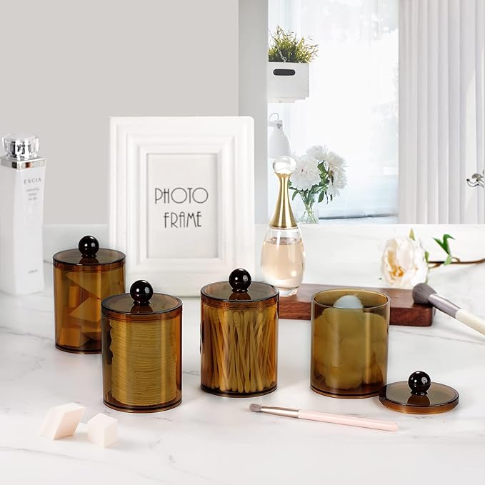 SheeChung 4 Pack Plastic Acrylic Bathroom Vanity Countertop Canister Jars with Storage Lid, Apothecary Jars Qtip Holder Makeup Organizer for Cotton Balls,Swabs,Pads,Bath Salts (Amber)