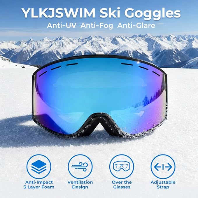 Ski Goggles for Men Women, OTG Snow Goggles, UV Protection Snowboard Goggles for Adult & Youth, Snowmobile, Sledding
