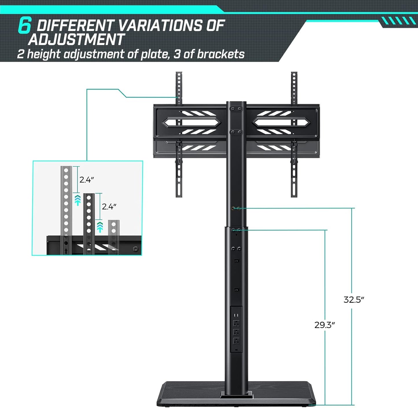 Greenstell TV Stand with Power Outlet, Universal Floor TV Stand for 32-75 inch TVs, Height Adjustable, Swivel Tall TV Mount Stand with Wood Base, Holds up to 110 LBs, Max VESA 600x400mm