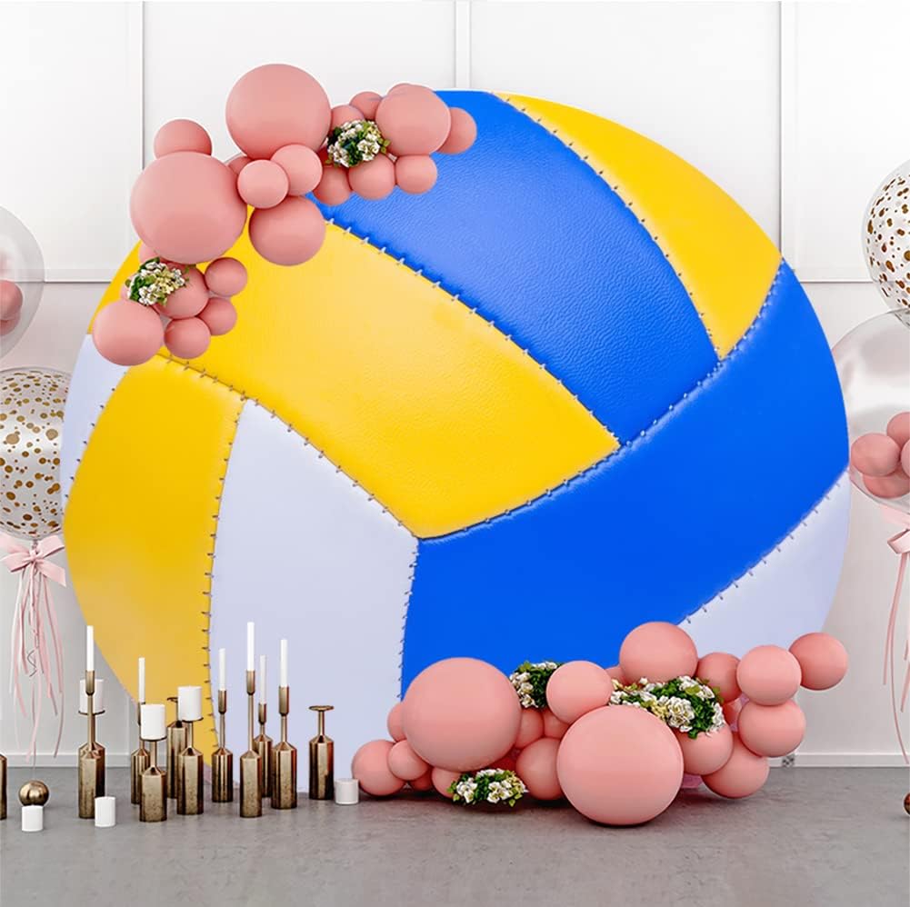 Leyiyi 7.2x7.2ft Abstract White Yellow Blue Colorful Volleyball Round Backdrop Cover Polyester Outdoor Sports Themed Photography Background Volleyball Party Photo Backdrop Birthday Party Deecorations