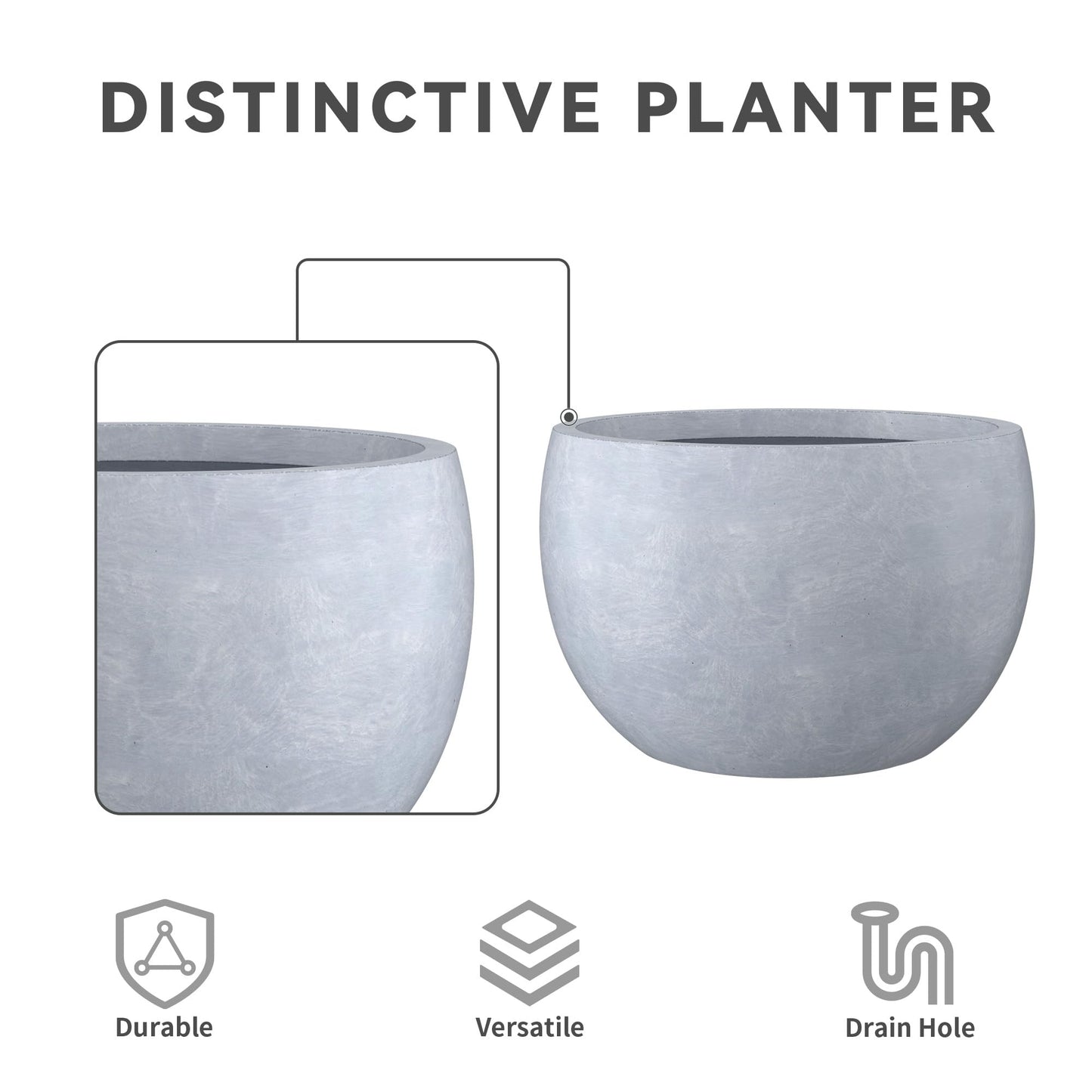 Kante 11.8" Dia Round Concrete Planter, Outdoor/Indoor Large Bowl Plant Pots with Drainage Hole and Rubber Plug for Garden Patio Balcony Home, Gray