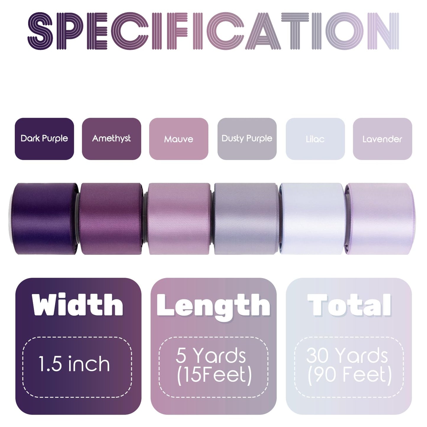 Purple Ribbon 1.5 Inch Lavender, Lilac, Amethyst, Dark Purple Double Faced Satin Ribbon for Flower Bouquet, Gift Wrapping, Wedding Invitation, Bows, Crafts, Gift Bags - 30Yards