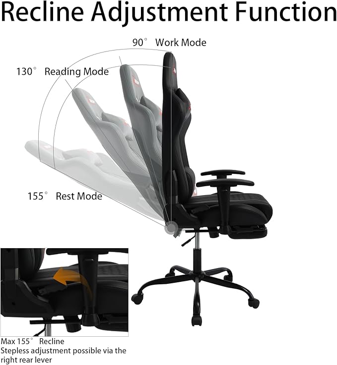 Video Game Chair with Footrest Ergonomic Comfortable Gaming Office Chair Height-Adjustable with a 360° Swivel Base and Headrest(1002-Black)
