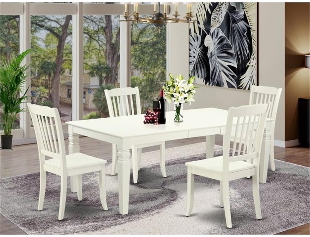 East West Furniture LGDA5-LWH-W 5 Piece Kitchen Table Set for 4 Includes a Rectangle Dining Room Table with Butterfly Leaf and 4 Solid Wood Seat Chairs, 42x84 Inch, Linen White