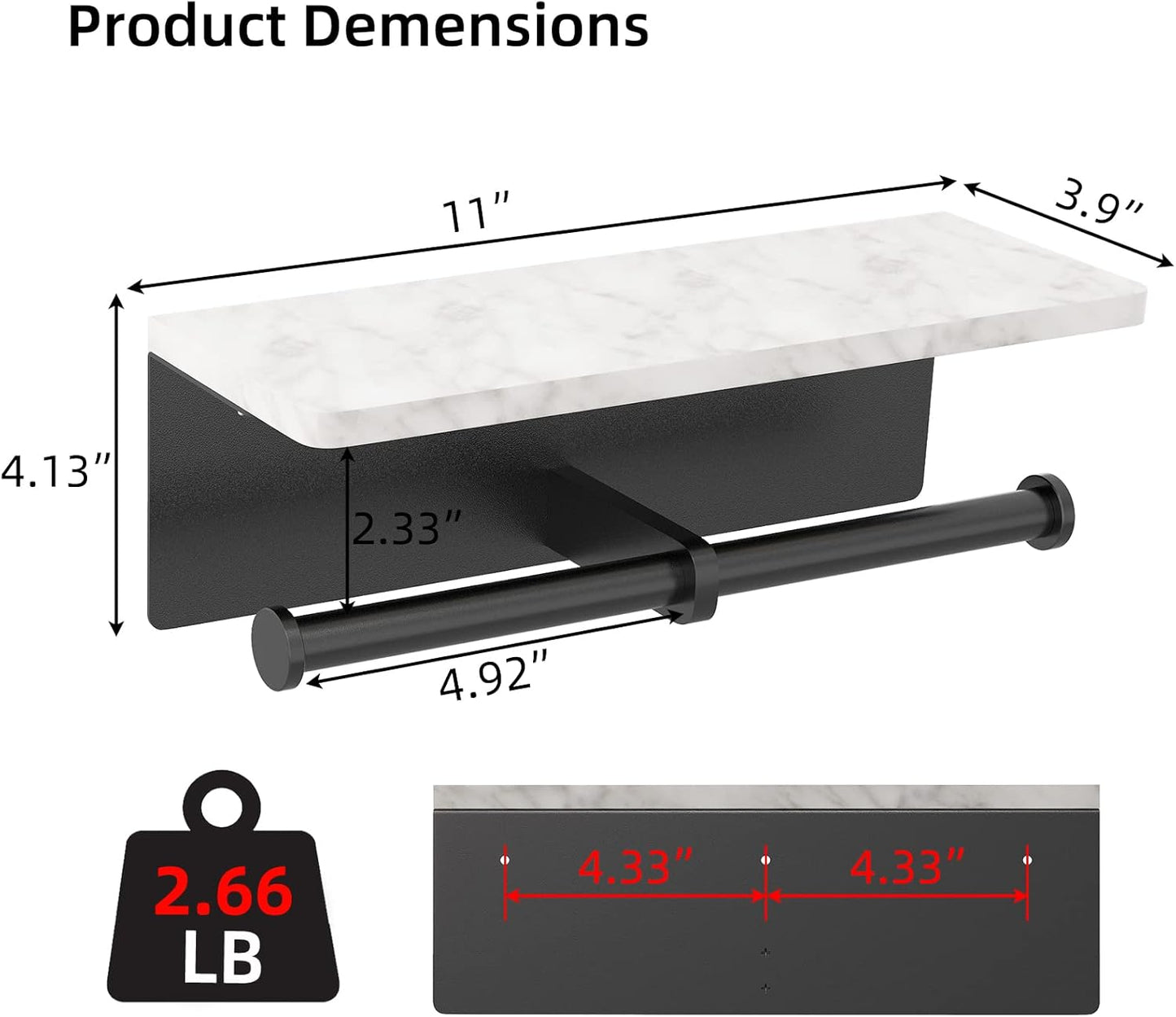 Toilet Paper Holder with Shelf, New Upgrade Double Toilet Paper Holder with Storage, Marble Roll Toilet Paper Wall Mount for Bathroom Washroom(Black)