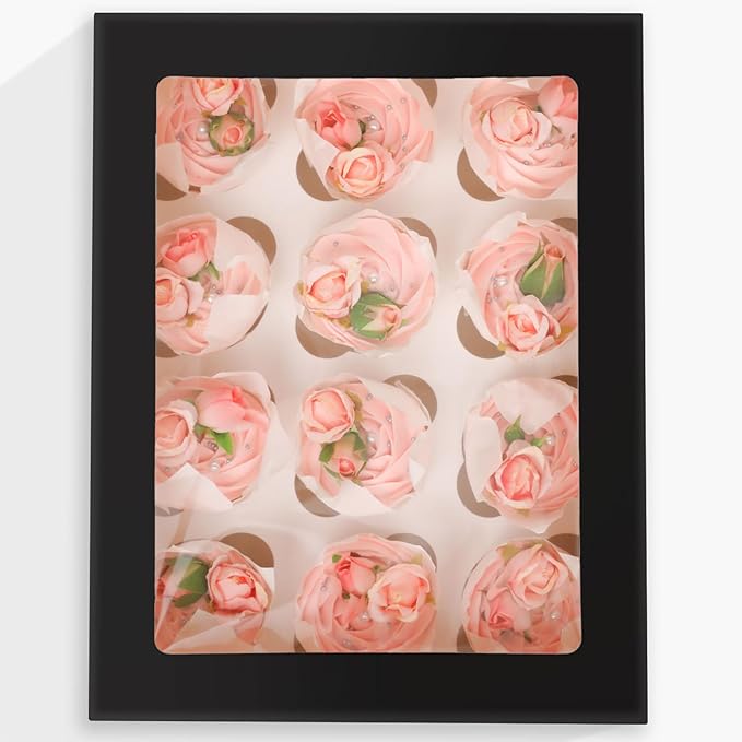 Bakepacker 12 Cupcake Containers 10-Packs Black Cupcake Box Cupcakes Carrier, 12 Cupcake Boxes with Window 13"x10"x3.5"（Auto-pop up）