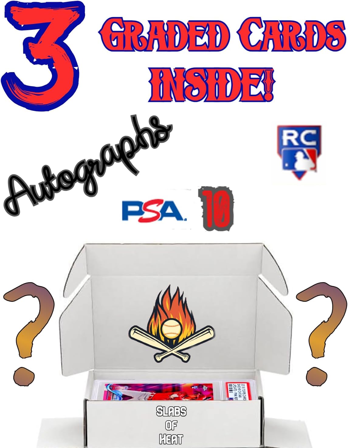 Three Graded Baseball Cards Gift Box: MLB Edition │Three Premium PSA/BGS Graded 10, 9.5 or 9 Cards │Potential Rookie Autographs & Numbered RC Refractors│Gift for Baseball Fans│by Slabs of Heat