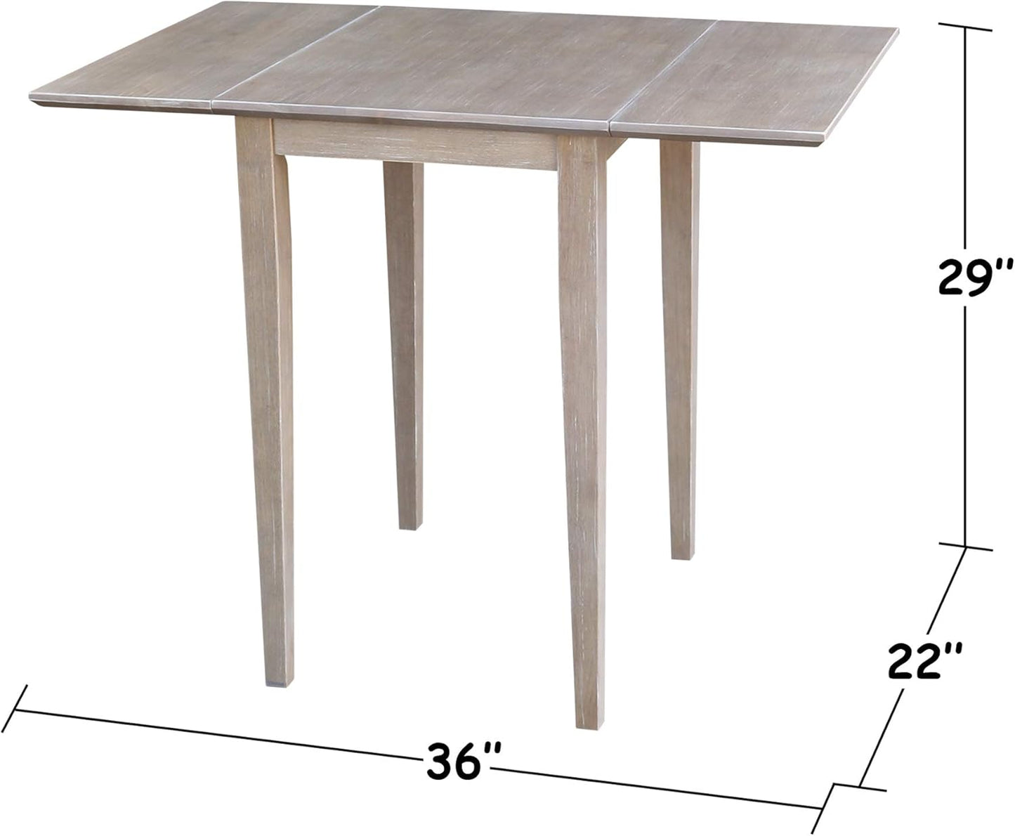 IC International Concepts, Solid Wood Small Drop Leaf Dining Table, Solid Real Wood, Sturdy Parawood,36 X 22 X 29, Minimum Assembly, Washed Gray Taupe