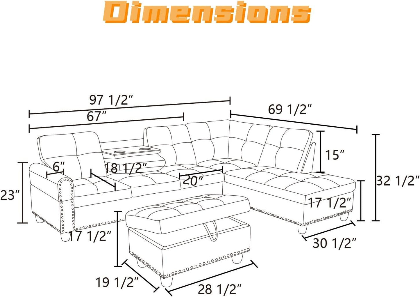 L Shaped Sectional Couch with Otttoman, 97" Sectional Sofa for Living Room Flannel Modular Couches with Cup Holders for Bedroom, Apartments, Black Grey