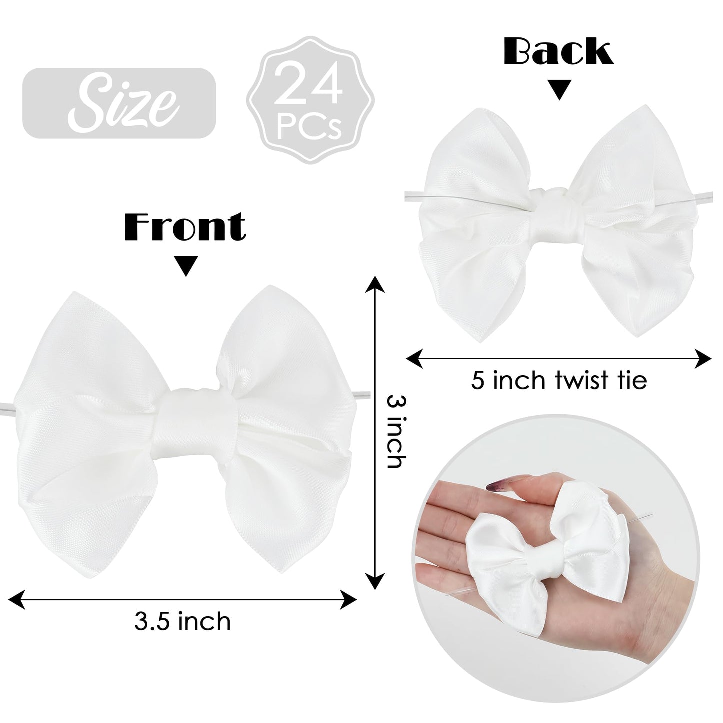 AIMUDI White Satin Ribbon Twist Tie Bows for Treat Bags 3.5" Bow for Crafts White Gift Bows Premade Bow for Cake Pops Candy Apple Wedding Favors Bridal Shower Christmas Decor -24 Counts