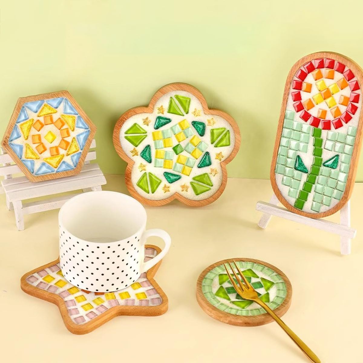 BUYGOO 10Pcs DIY Wooden Mosaic Tiles Coasters Assorted Shapes, Blank Base Trays, Drinking Cup Coaster, Plant Coaster, Art Plate, DIY Mosaic Supplies for Arts and Crafts Home Decor