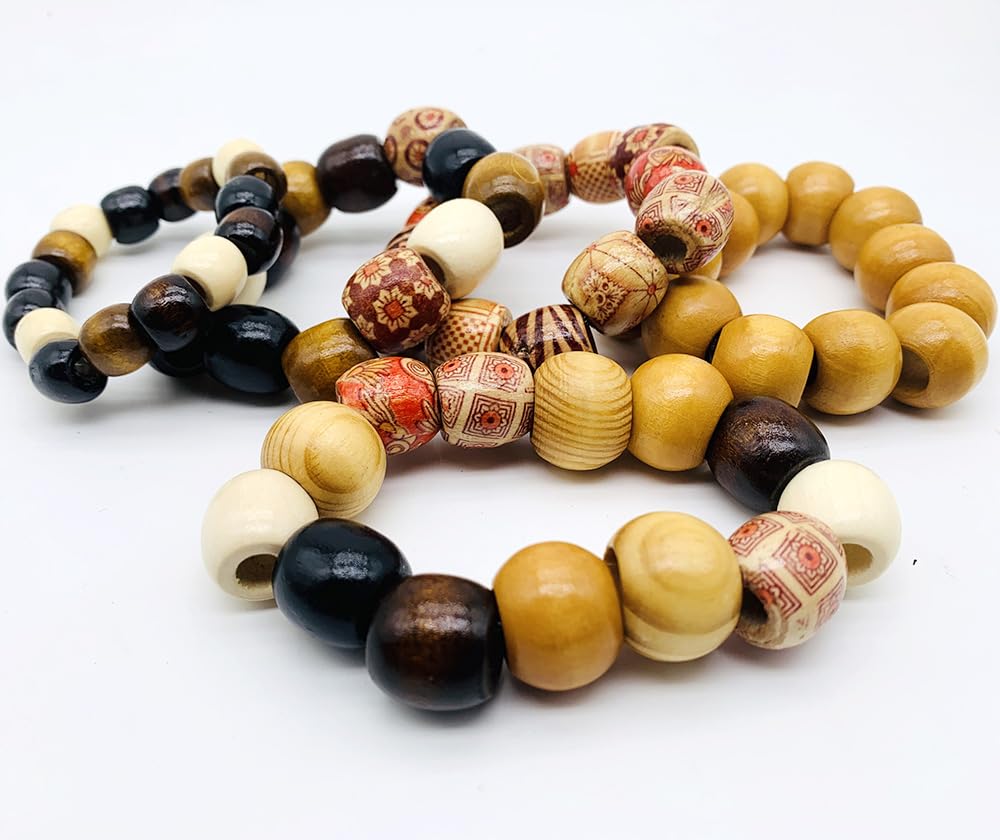 200Pcs Large Hole Barrel Wood European Loose Beads 4 Colors Natural Wooden Dreadlock Hair Braid Beads for Hair Braids Jewelry Bracelet Necklace Making 16x16-17mm
