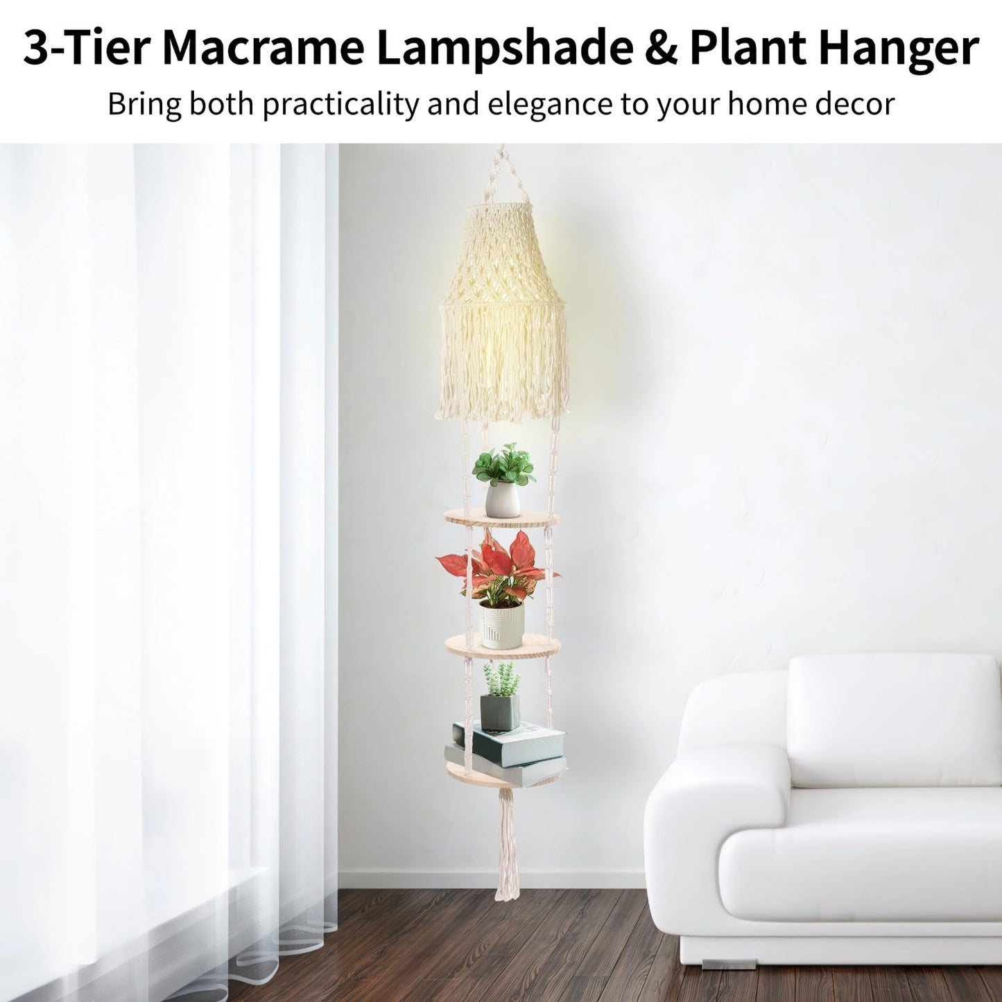 3-Tier Macrame Lampshade & Plant Hanger, Bohemian Hanging Lamp Plant Shelf, Plug-in Pendant Light Hanging Rope Shelf, Floating Round Flower Pot Holder, Bohemian Home Decor (Not Included Lamp)