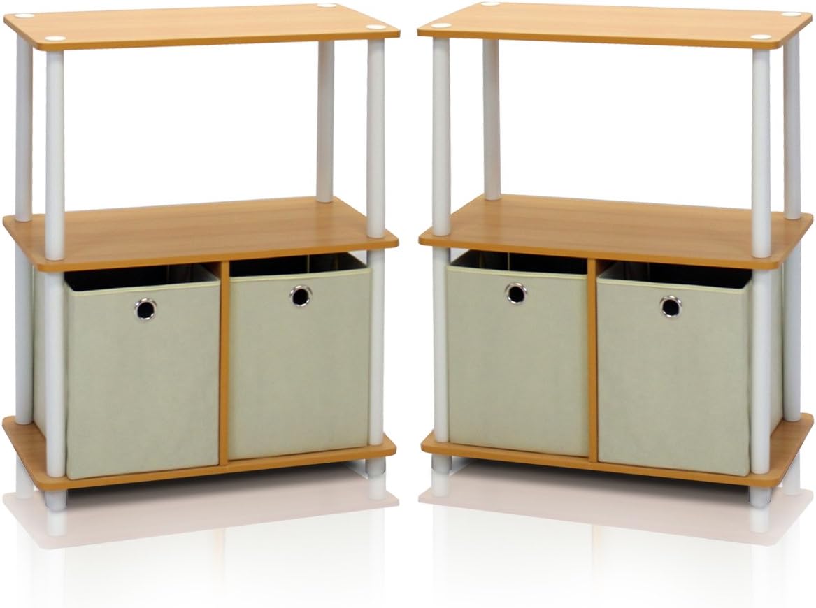 Furinno Go Green 3-Tier 2-Bin Multi-Purpose Storage Shelf (Set of 2), Beech