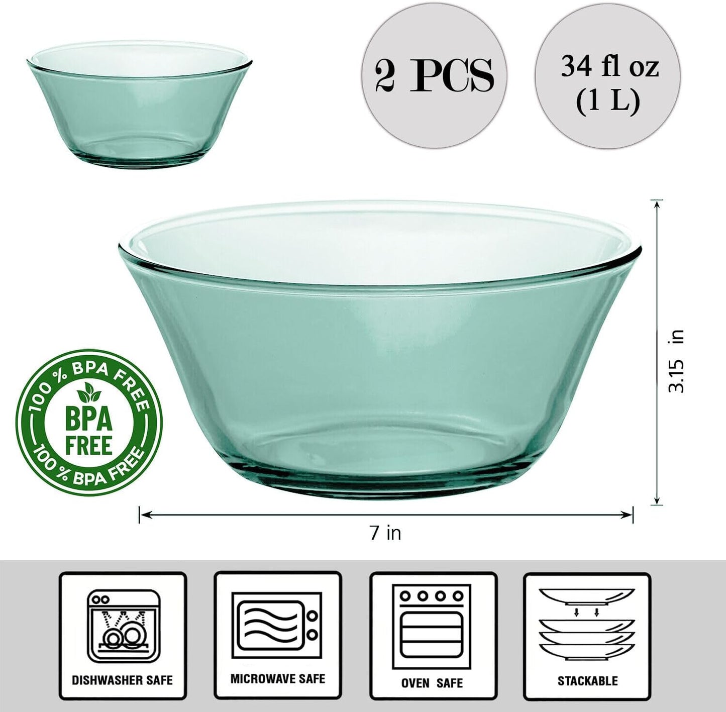 STP GOODS Glass Soup and Salad Bowl with Handles, Cobalt Transparent Glass Eating Plates, Circular Dinnerware for Salad, Bread, Dinner (Green 2 pcs)