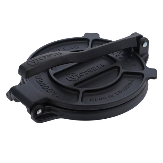Victoria 8 Inches Cast Iron Tortilla Press, Roti Maker and Tortilladora, Pataconera Seasoned with Flaxseed Oil, Made in Colombia, Traditional Style, Black