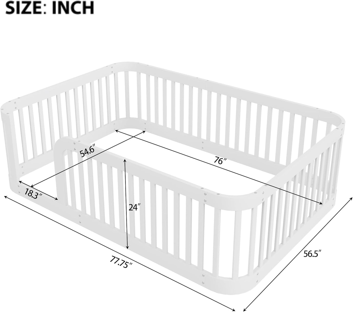 Full Floor Bed with High Fence and Rounded Corner Design, Montessori Floor Bed Frame with Guardrail and Entrance, Easy Assemble Montessori Bedd Full Size, White
