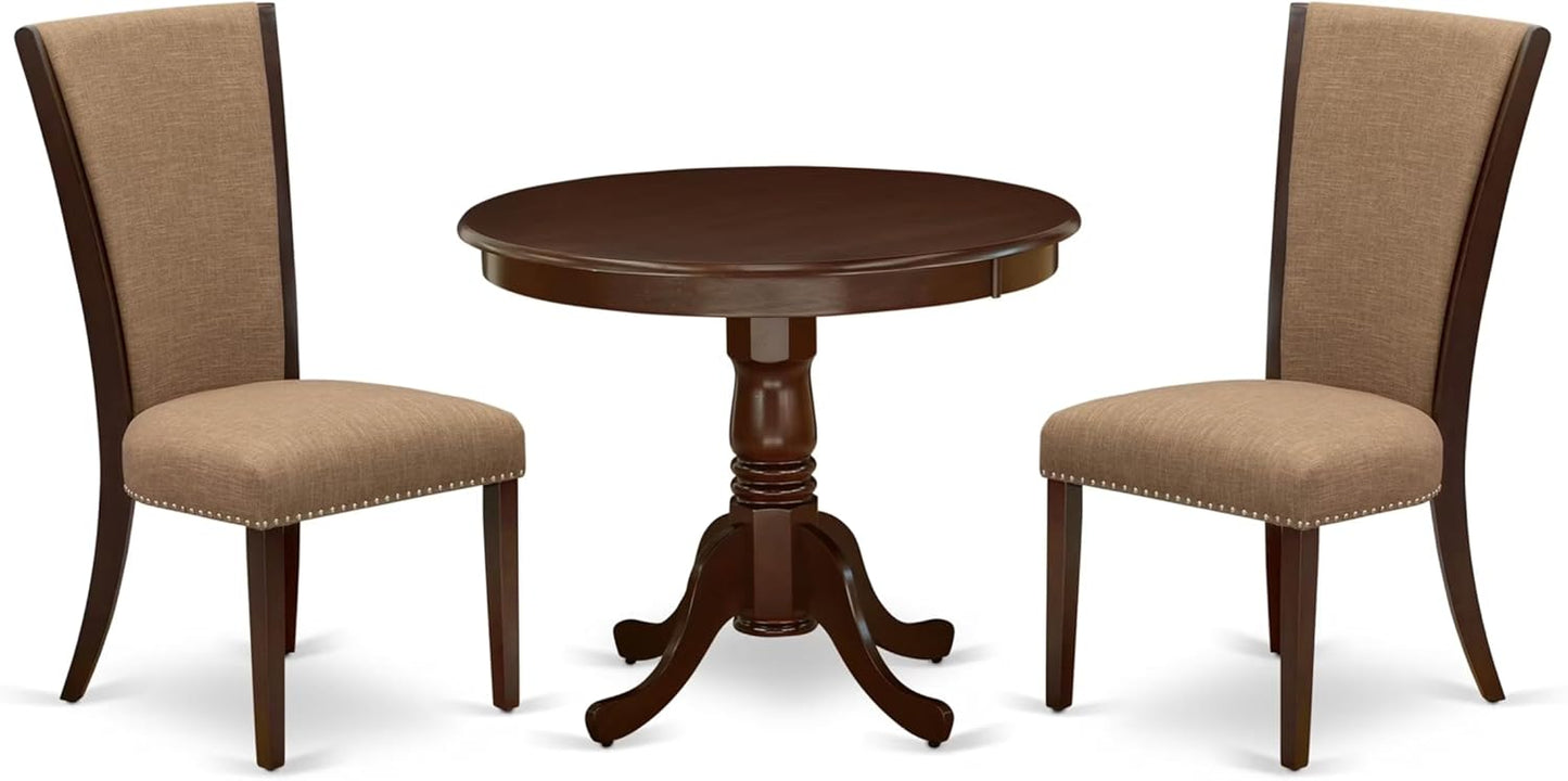 East West Furniture ANVE3-MAH-47 3 Piece Dining Table Set for Small Spaces Contains a Round Kitchen Table with Pedestal and 2 Light Sable Linen Fabric Parson Chairs, 36x36 Inch, Linen White