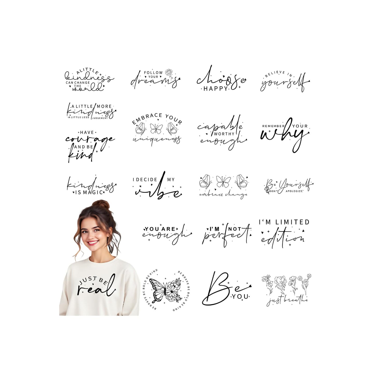 Motivational DTF Transfers Ready to Press - 20 Sheets Positive Quotes Iron on Transfers for T-Shirt Inspirational Iron on Decals Patches DIY Heat Vinyl Stickers for Clothing Pillow Hat Hoodie Bagpack