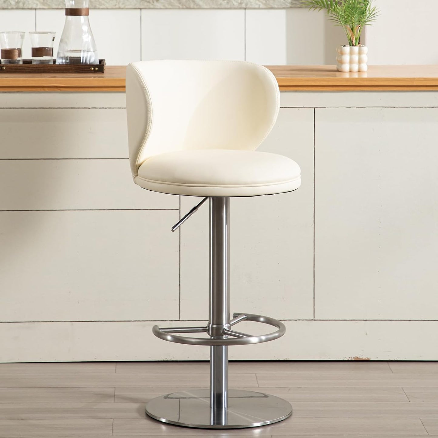 Bar Stools Adjustable Stainless Steel Swivel Barstool with Back and Footrest Leather Upholstered Bar Chairs for Home,Kitchen,Bar, Counter (Beige, 1pc)