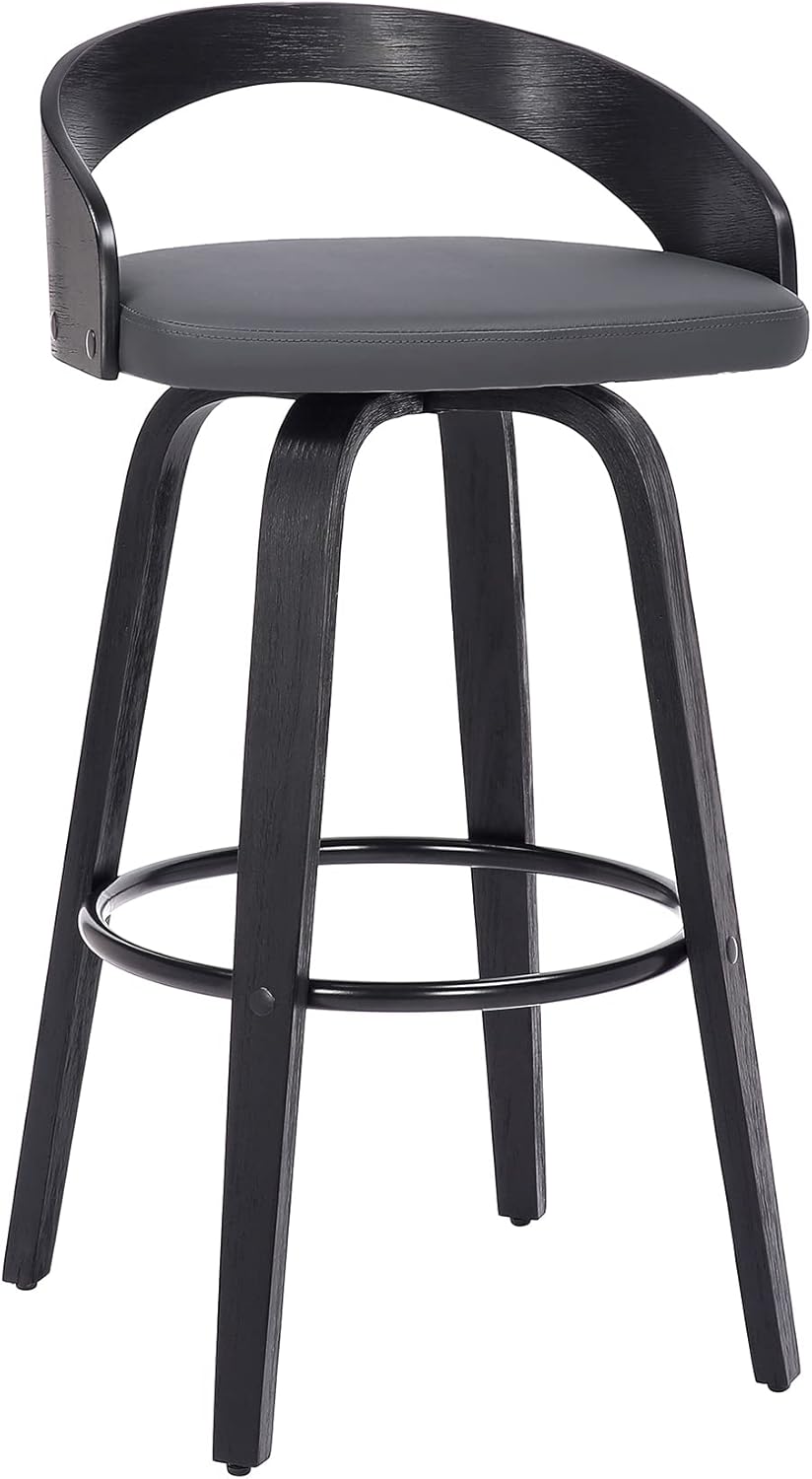Armen Living Sonia 30" Bar Height Swivel Gray Faux Leather and Black Wood Bar Stool