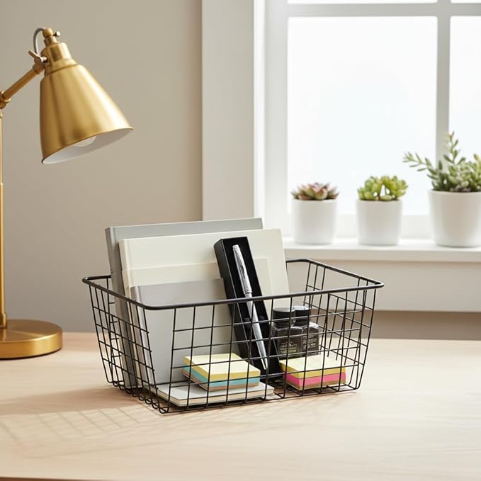 Metal Wire Food Storage Basket Organizer with Wooden Handles for Organizing Kitchen Cabinets, 2 Packs-Black-large