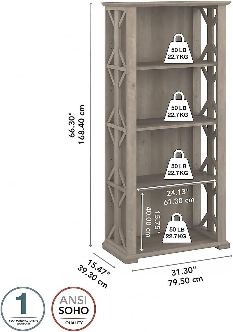 Bush Furniture Homestead 4 Shelf Farmhouse Bookcase in Driftwood Gray, Vertical Office Organizer, Home Shelving Unit for Books and Decor, Bookshelf
