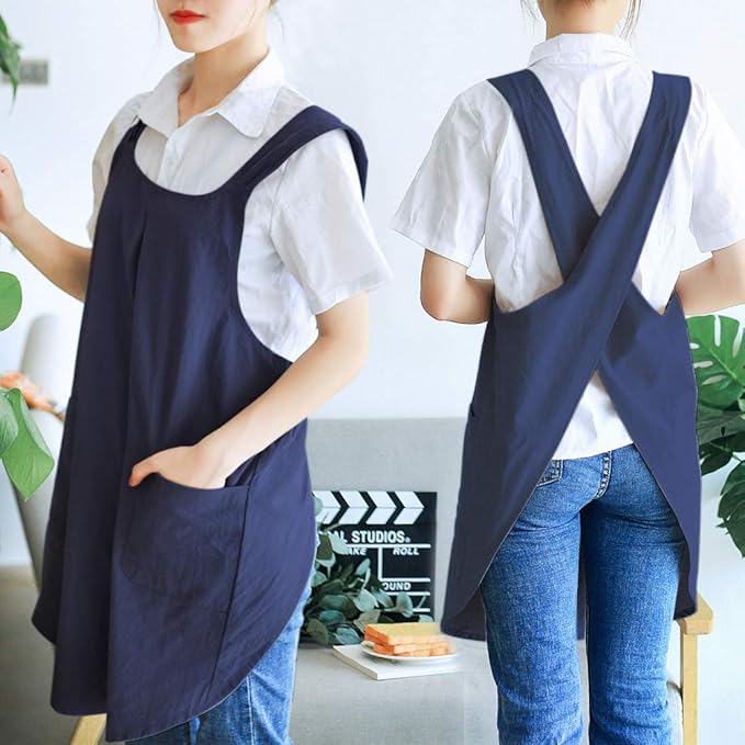 Japanese Style Linen Cotton Cross Back Pinafore Apron with Pockets for Women Ladies Men Chef Kitchen Cooking Baking
