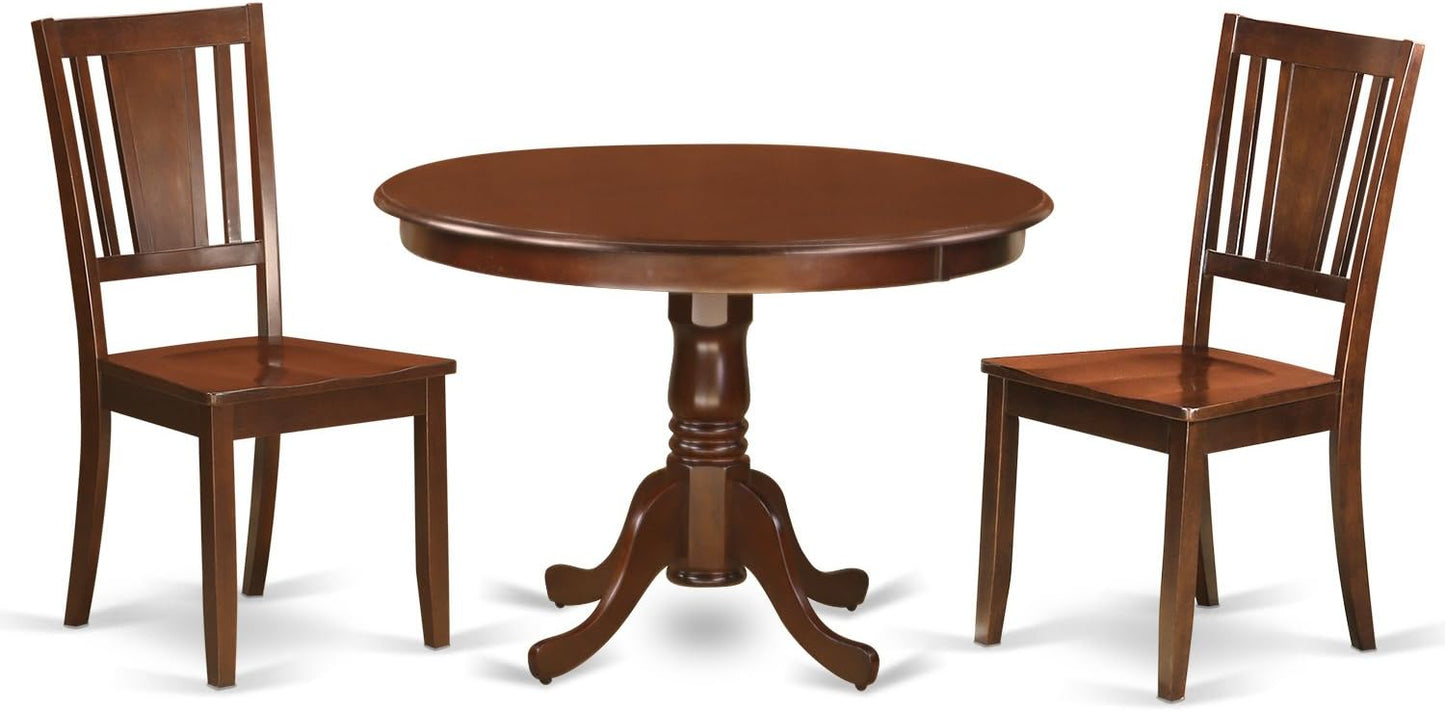 East West Furniture HLDU3-MAH-W 3 Piece Dining Set Contains a Round Dining Room Table with Pedestal and 2 Kitchen Chairs, 42x42 Inch, Mahogany