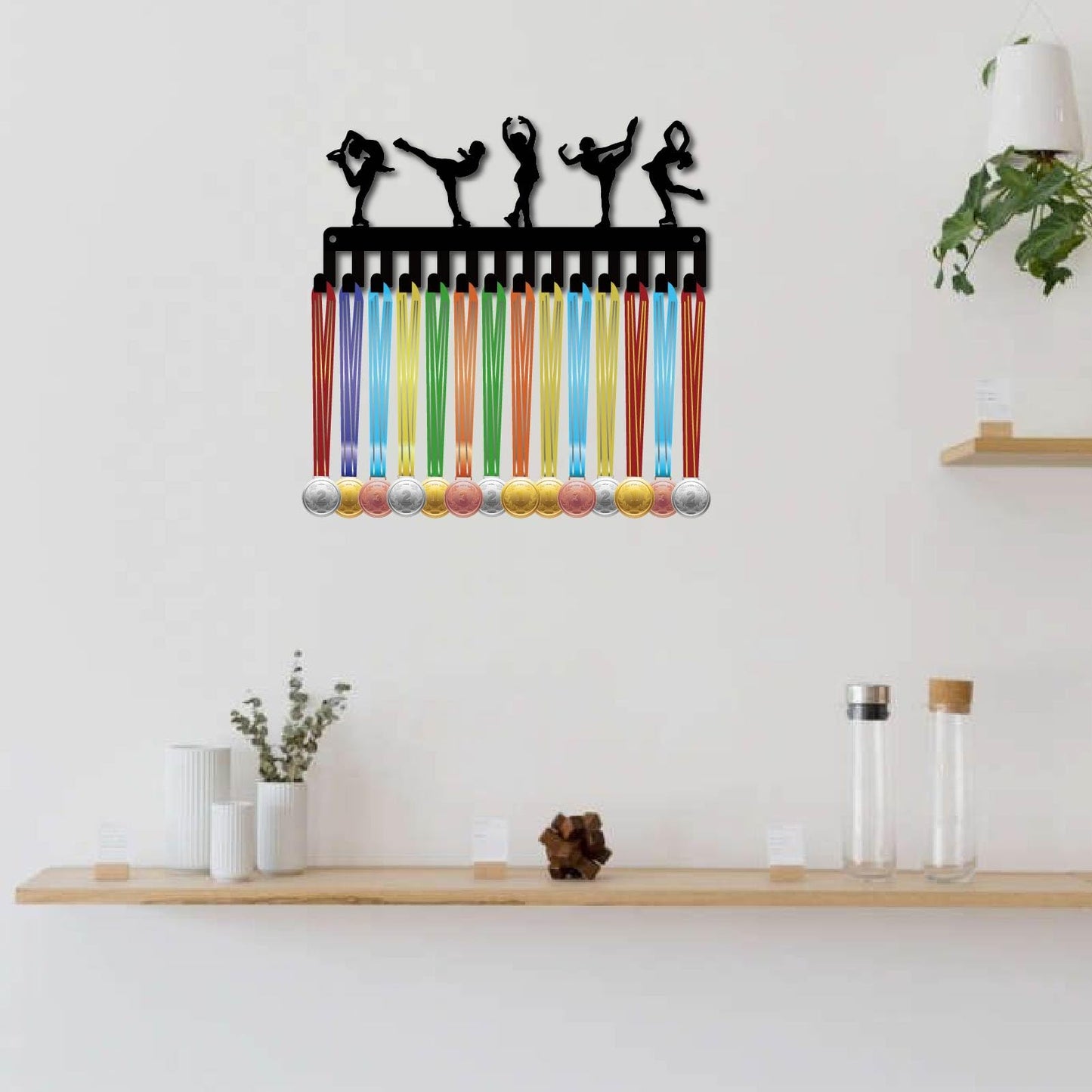 CREATCABIN Figure Skating Medals Holders Medal Display Hanger Small Rack Organizer Metal Ribbon Shelf Stand Frame Decor Wall Mounted Hanging with 14 Hooks for Athlete Sporter Black 11.4 x 5Inch
