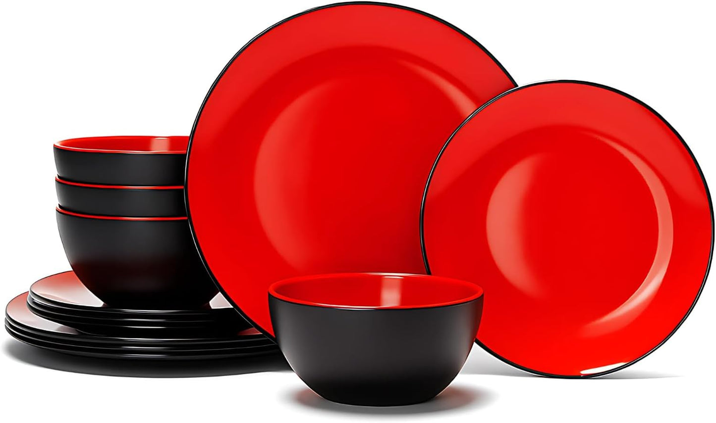 TP 12-Piece Dinnerware Set, Melamine Dishes Set with Bowls and Plates, Non-breakable and Lightweight Dinner Service for 4, Matt Black and Red
