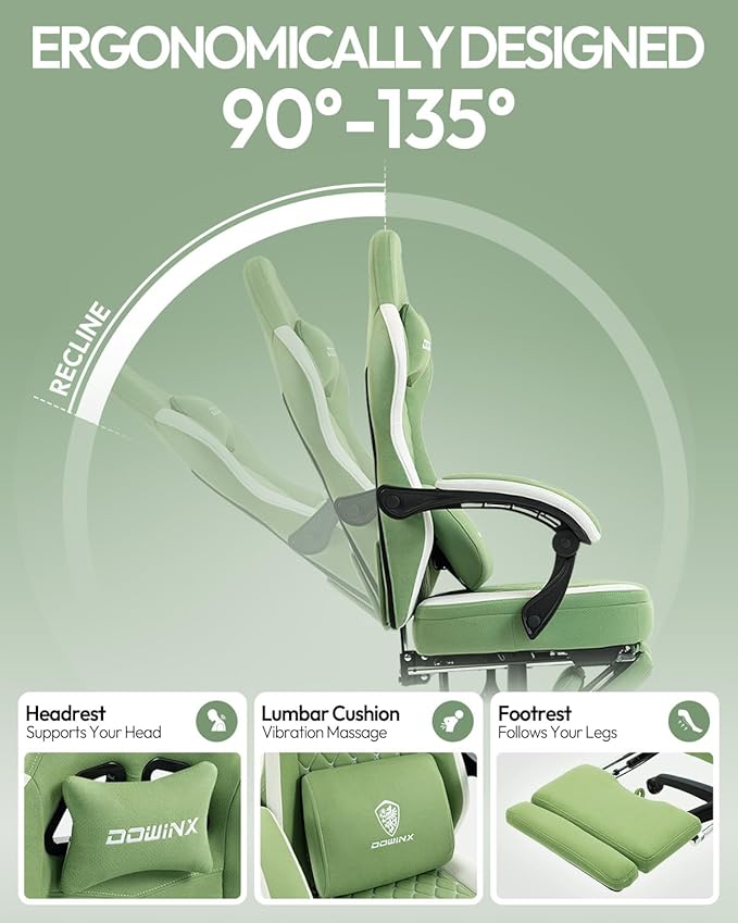 Dowinx Gaming Chair with Footrest, Breathable Fabric Gamer Chair with Gel Pad and Storage Bag, Ergonomic Office Chair with Lumbar Support for Home Task, Green