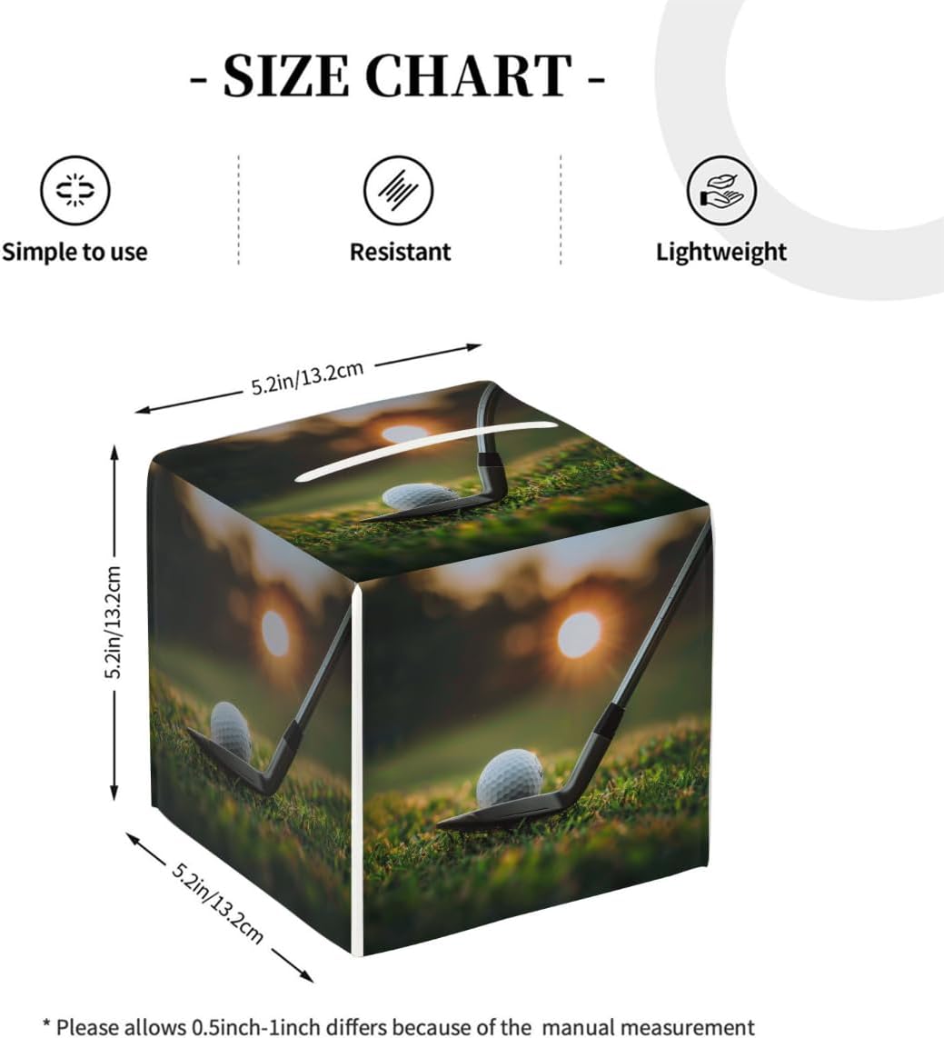 Sports Golf Theme Tissue Box Cover Square, PU Leather Facial Tissue Cube Box Holder, Modern Tissue Case Dispenser for Bedroom Tabletop Vanity Countertop