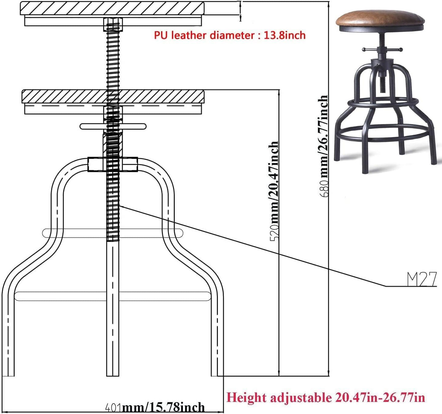 Diwhy Industrial Vintage Counter Stool, Kitchen Counter Height Adjustable Swivel Chair, Metal Frame Stool, 20.47-26.77 Inch, Fully Welded Base, Brown PU Upholstered, Set of 2