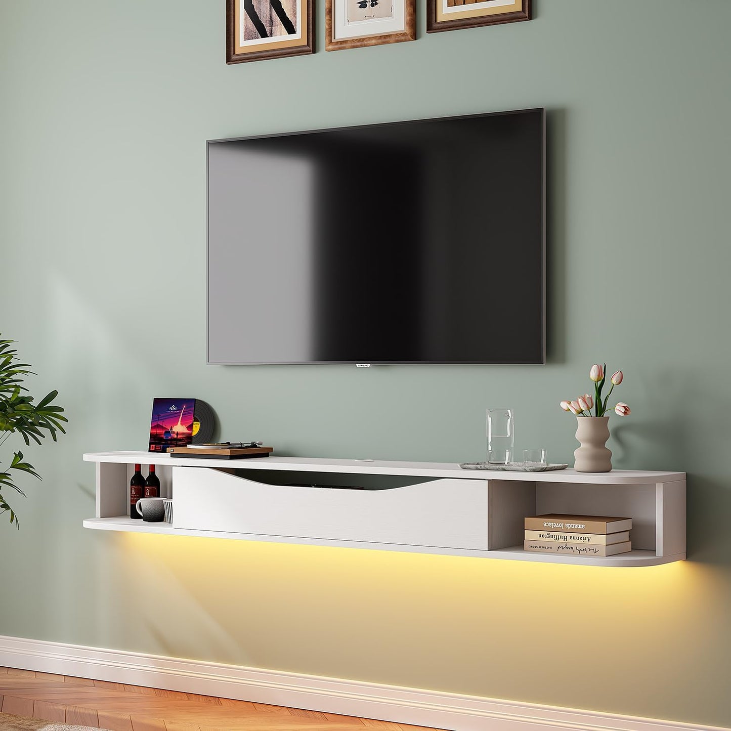 Floating TV Stand,47'' Wall Mounted TV Cabinet,Floating TV Console,Under TV Shelf with 1 Door and 2 Cabinets for TVs up to 55''(White)