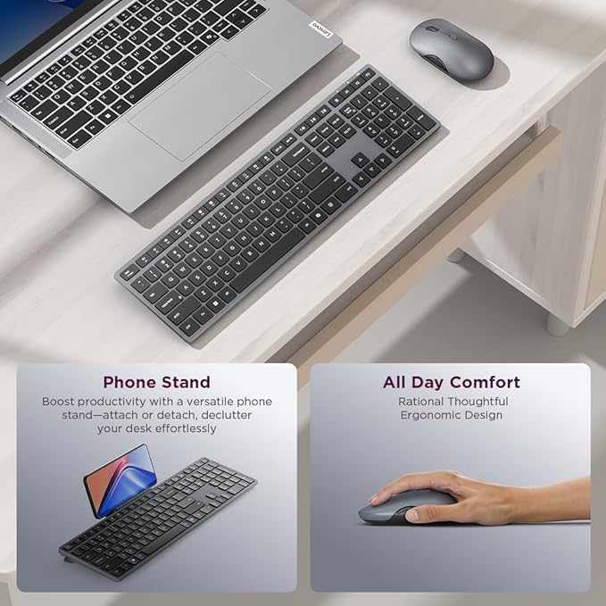 Lenovo 700 Modern Wireless Keyboard & Mouse Combo, 2.4 GHz Dongle & Dual Bluetooth Connection, AES-128 Encryption, 36 Month Battery Life, Quiet Mouse, Luna Grey