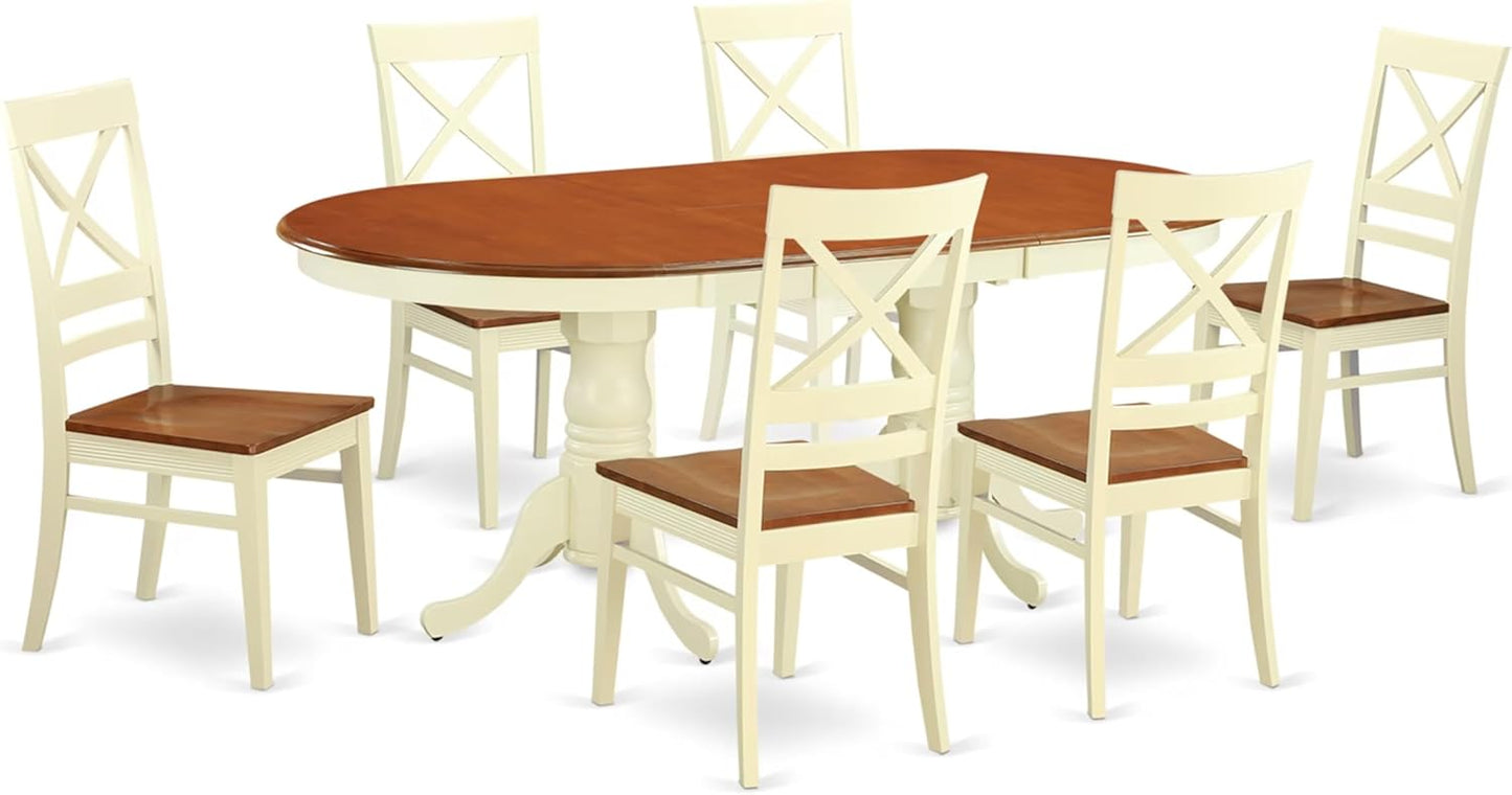 East West Furniture PLQU7-WHI-W 7 Piece Kitchen Table & Chairs Set Consist of an Oval Dining Room Table with Butterfly Leaf and 6 Solid Wood Seat Chairs, 42x78 Inch, Buttermilk & Cherry