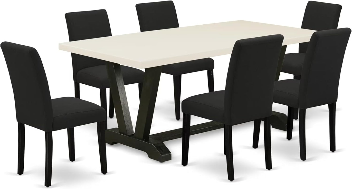 East West Furniture V627AB624-7 7 Piece Modern Dining Table Set Consist of a Rectangle Wooden Table with V-Legs and 6 Black Color Linen Fabric Parsons Dining Chairs, 40x72 Inch, Multi-Color