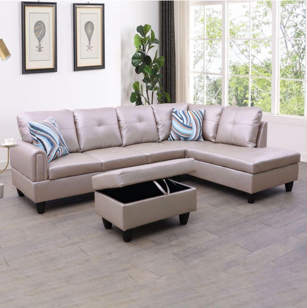 Latte L-Shaped 3-Piece Faux Leather Sofa with Storage Ottoman Set, Sectional Couch Sofa Set for Living Room, Office, Small Space