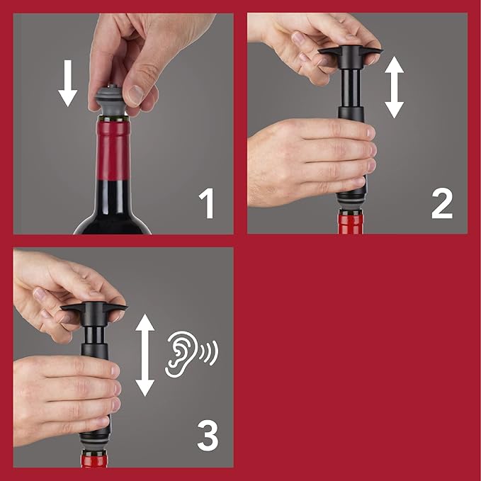 Vacu Vin Wine Saver Pump Red with Vacuum Wine Stopper - Keep Your Wine Fresh for up to 10 Days - 1 Pump 6 Stoppers - Reusable - Made in the Netherlands